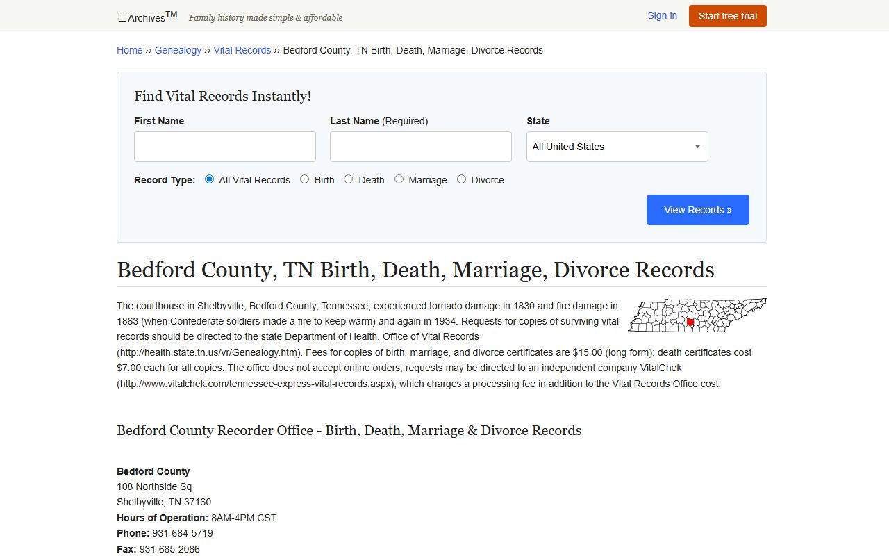 Bedford County Divorce Records archive and vital records screenshot