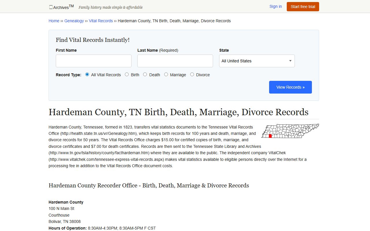 Hardeman County Divorce Records reference from the Archives.com county vital records page