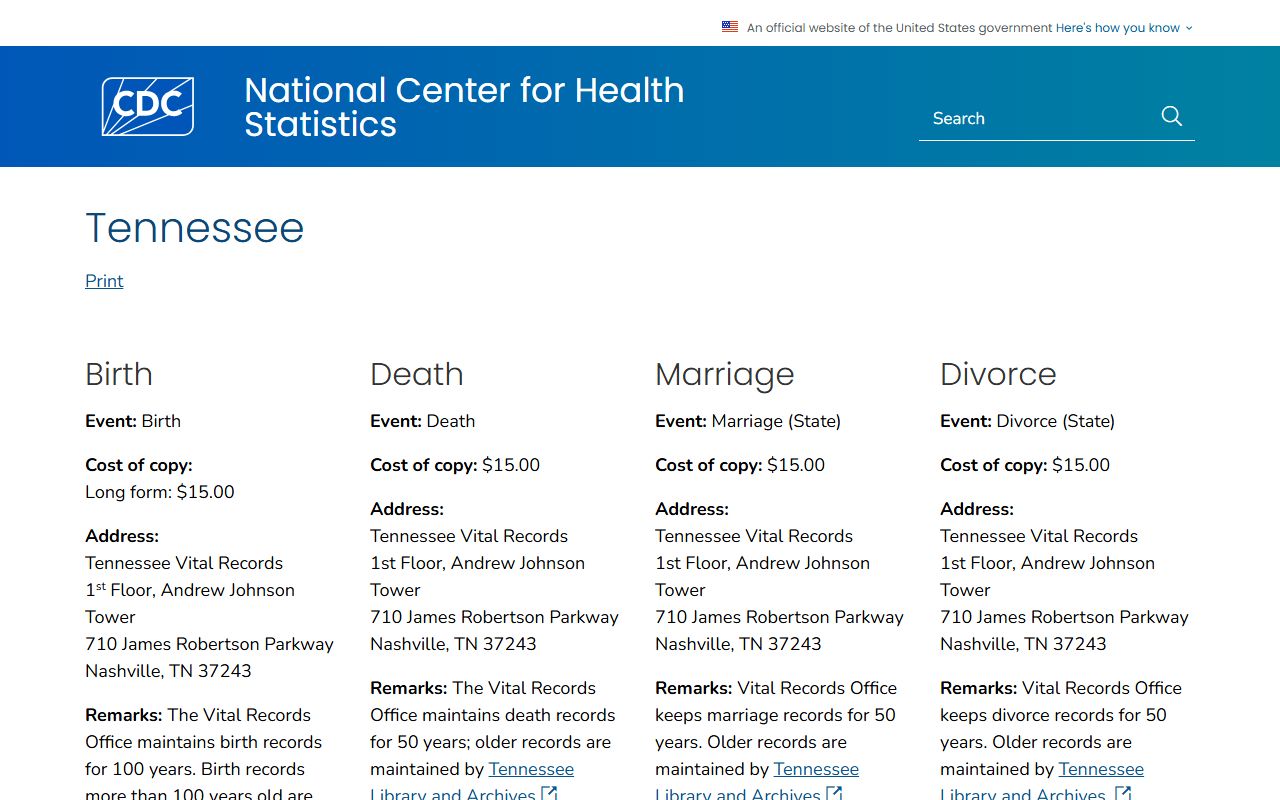 Tennessee Divorce Records information on the CDC Tennessee vital records page