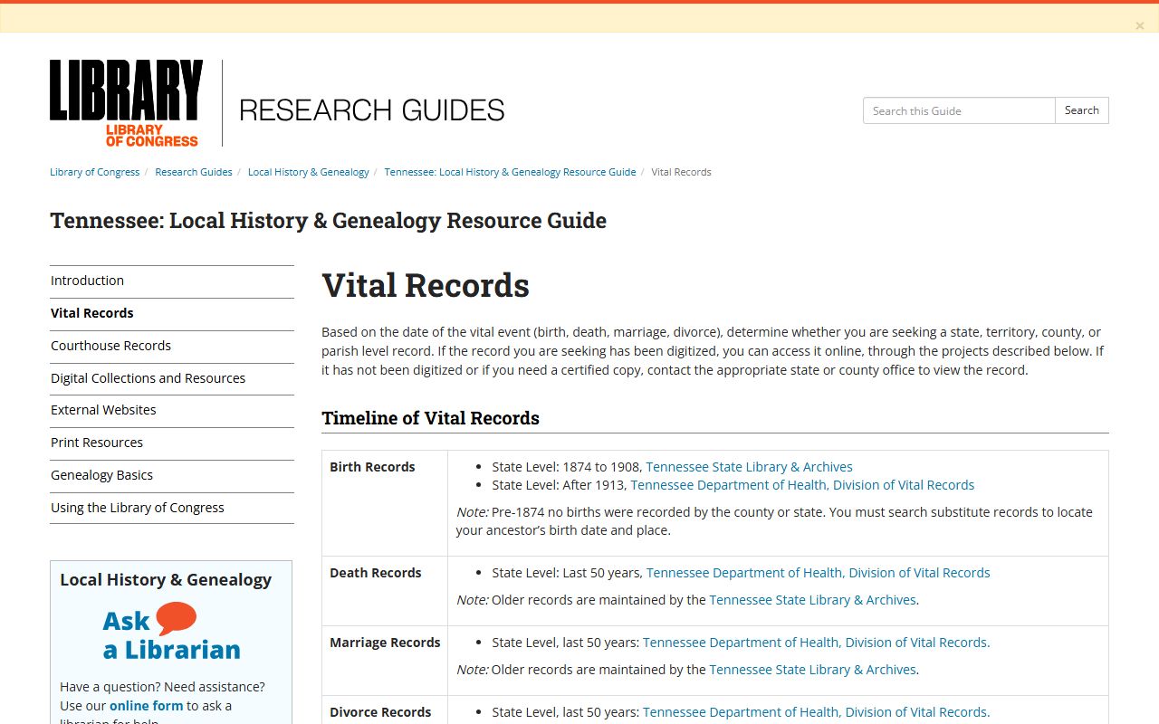 Tennessee Divorce Records research guidance from the Library of Congress