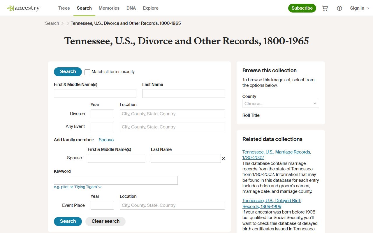 Tennessee Divorce Records historical collection on Ancestry
