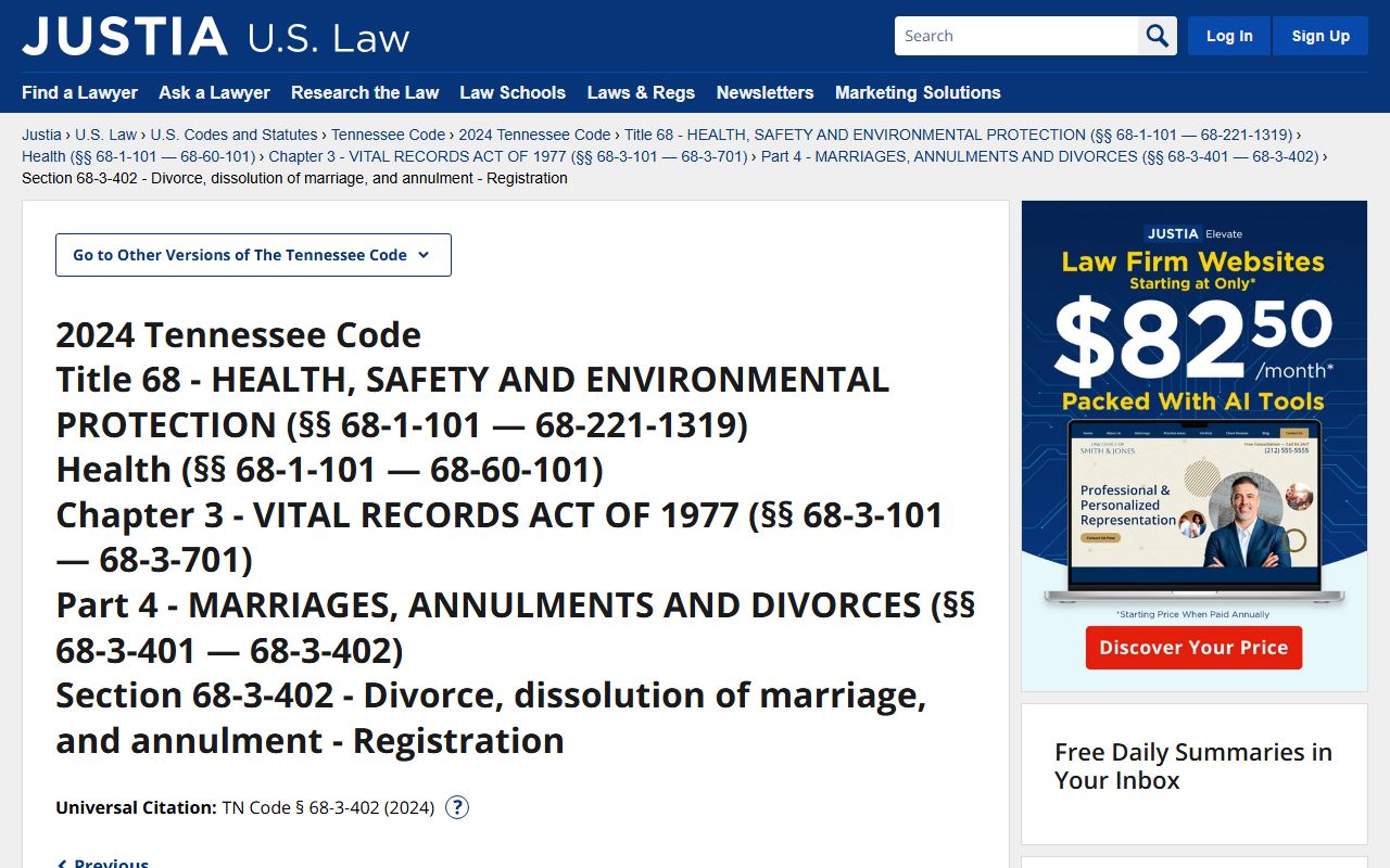 Tennessee Divorce Records filing requirements under Tennessee Code section 68-3-402