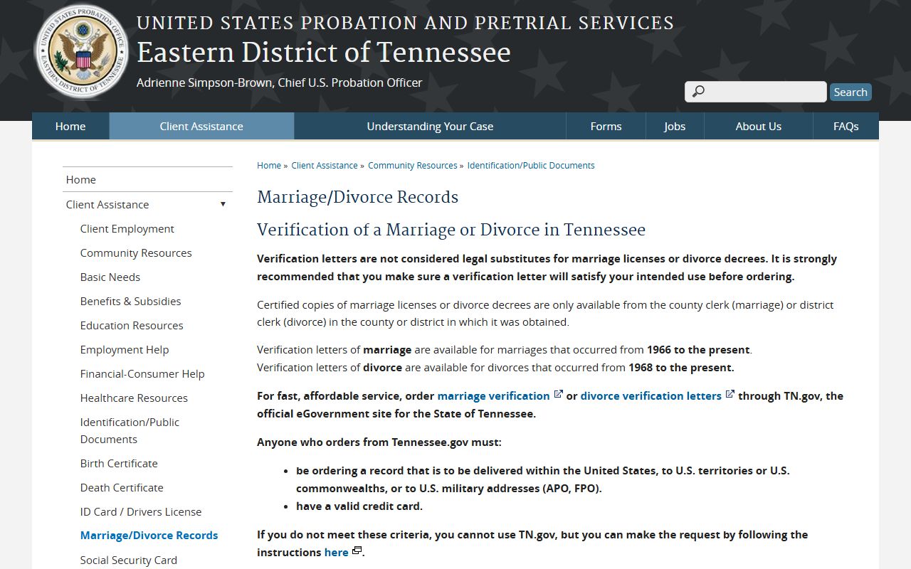 Tennessee Divorce Records guidance from the United States District Court for the Eastern District of Tennessee
