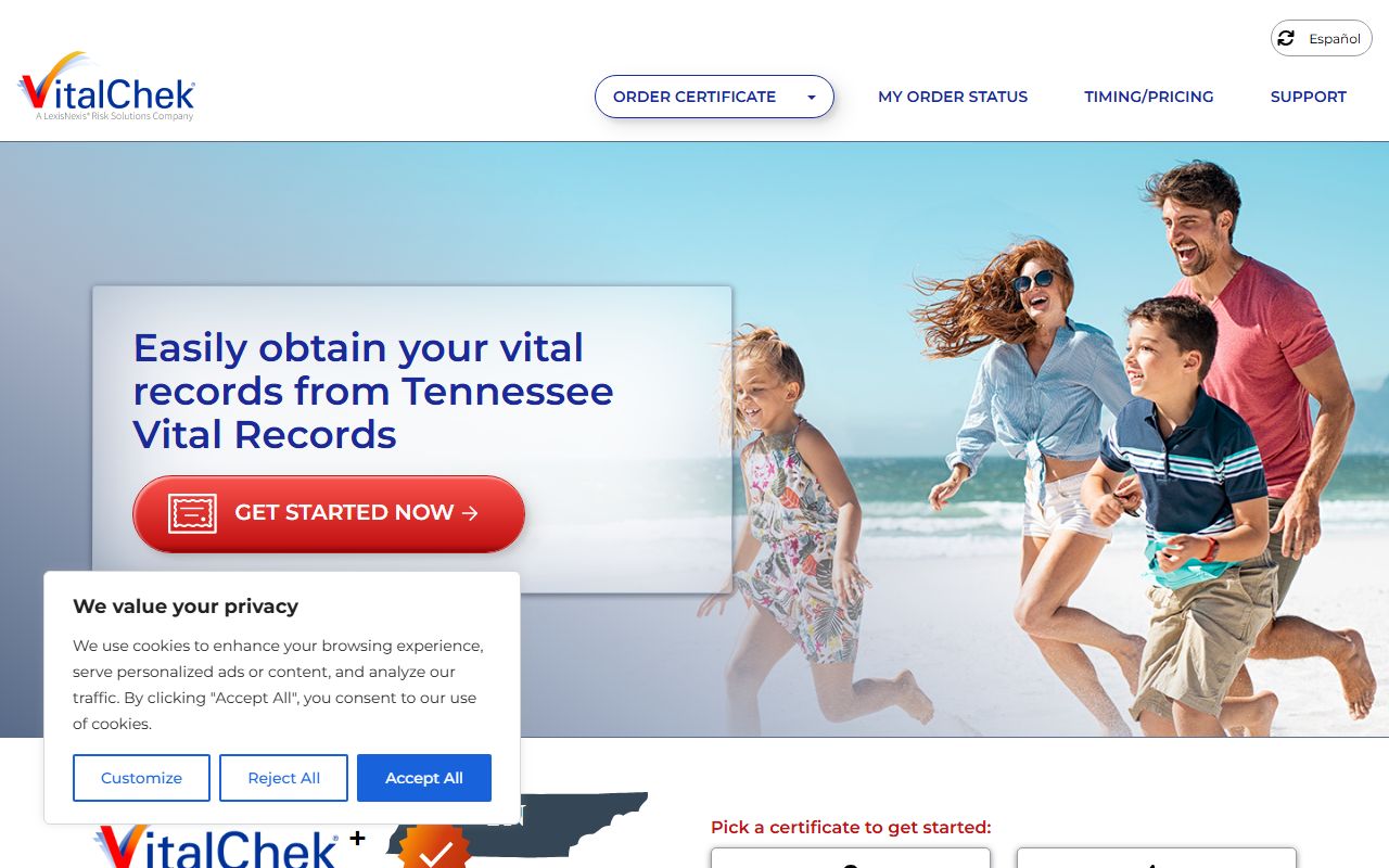 Tennessee Divorce Records ordering page through VitalChek